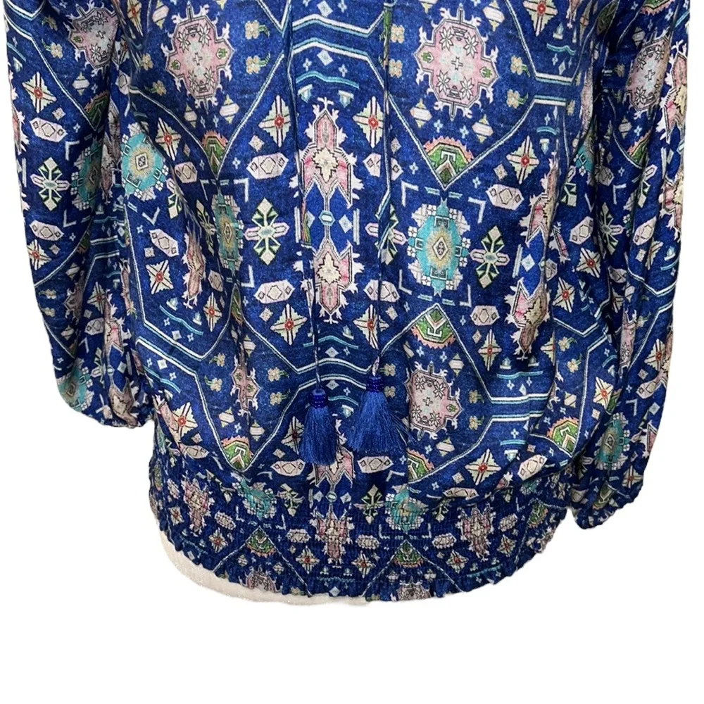 Anthropologie Ecru Weaver Kilim Royal Cobalt Blue Silk Tie Neck Tassel Blouse M